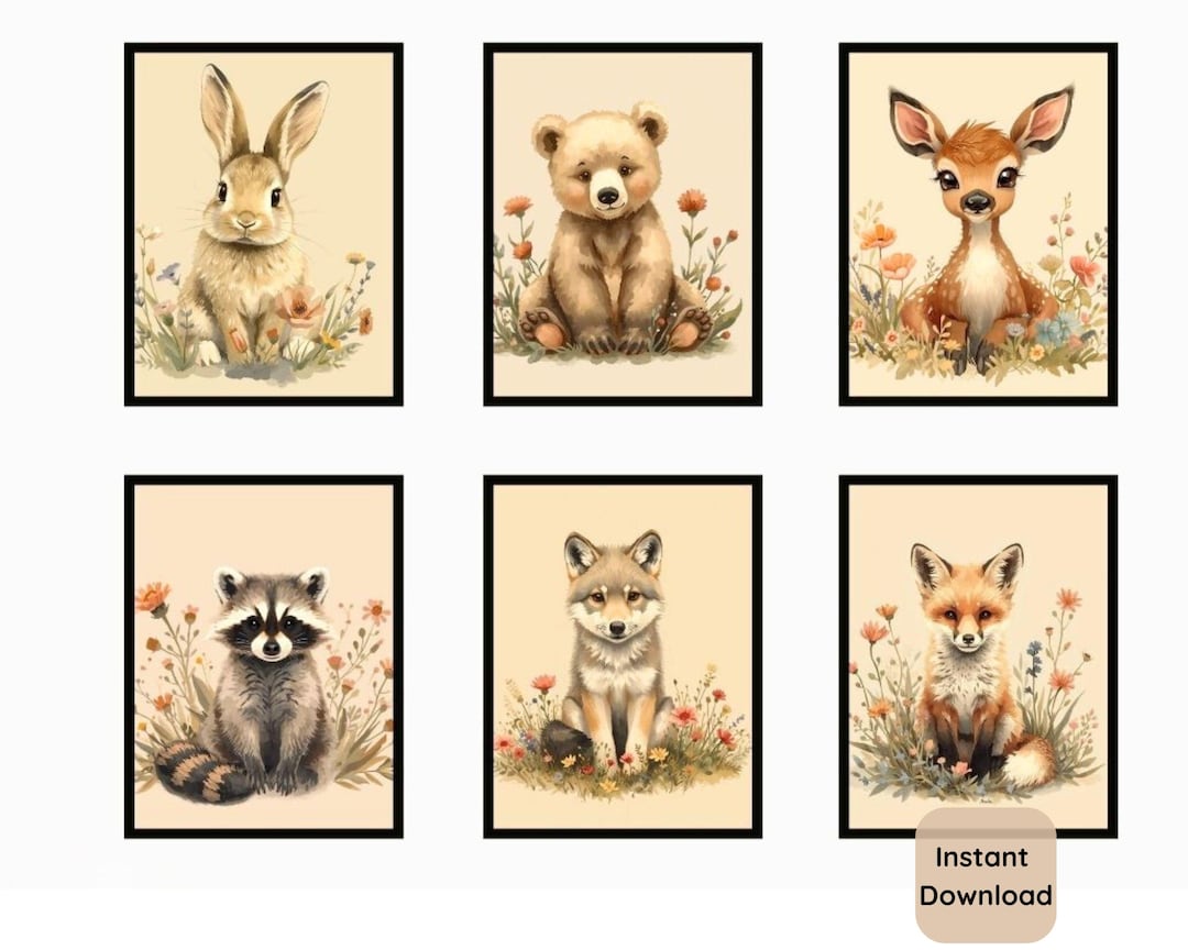 Woodland Nursery Wall Art Set of 6 | Baby Animal Prints | Neutral ...