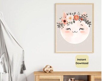 Nursery Wall Art | Cute Cat Moon Art | Boho Kids Room Decor | Baby Girl Nursery Print | Floral Kitten Moon Art | Digital Download