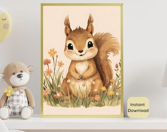 Woodland Squirrel Nursery Wall Art Printable | Baby Animal Decor | Boho Nursery Print | Neutral Nursery Art | Instant Download