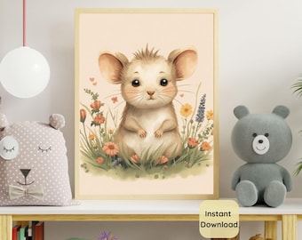 Woodland Mouse Nursery Wall Art Printable, Neutral Baby Animal Decor, Boho Storybook Kids Room Art, Instant Download, Baby Shower Gift