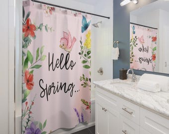 Hello Spring shower curtain | floral spring bathroom decor