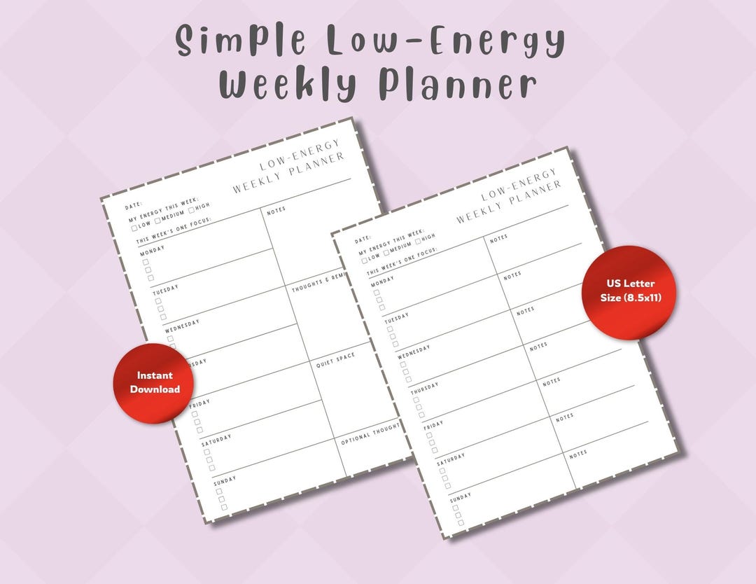 ADHD Low Energy Weekly Planner Printable, Minimalist Organizer (digital ...