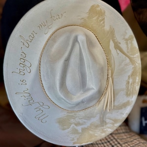 Vegan Suede Cowboy/Cowgirl Wide Brim Hat. “My Faith is Bigger than my fear ” Western, laser eng. Custom include wedding parties. Adjustable.