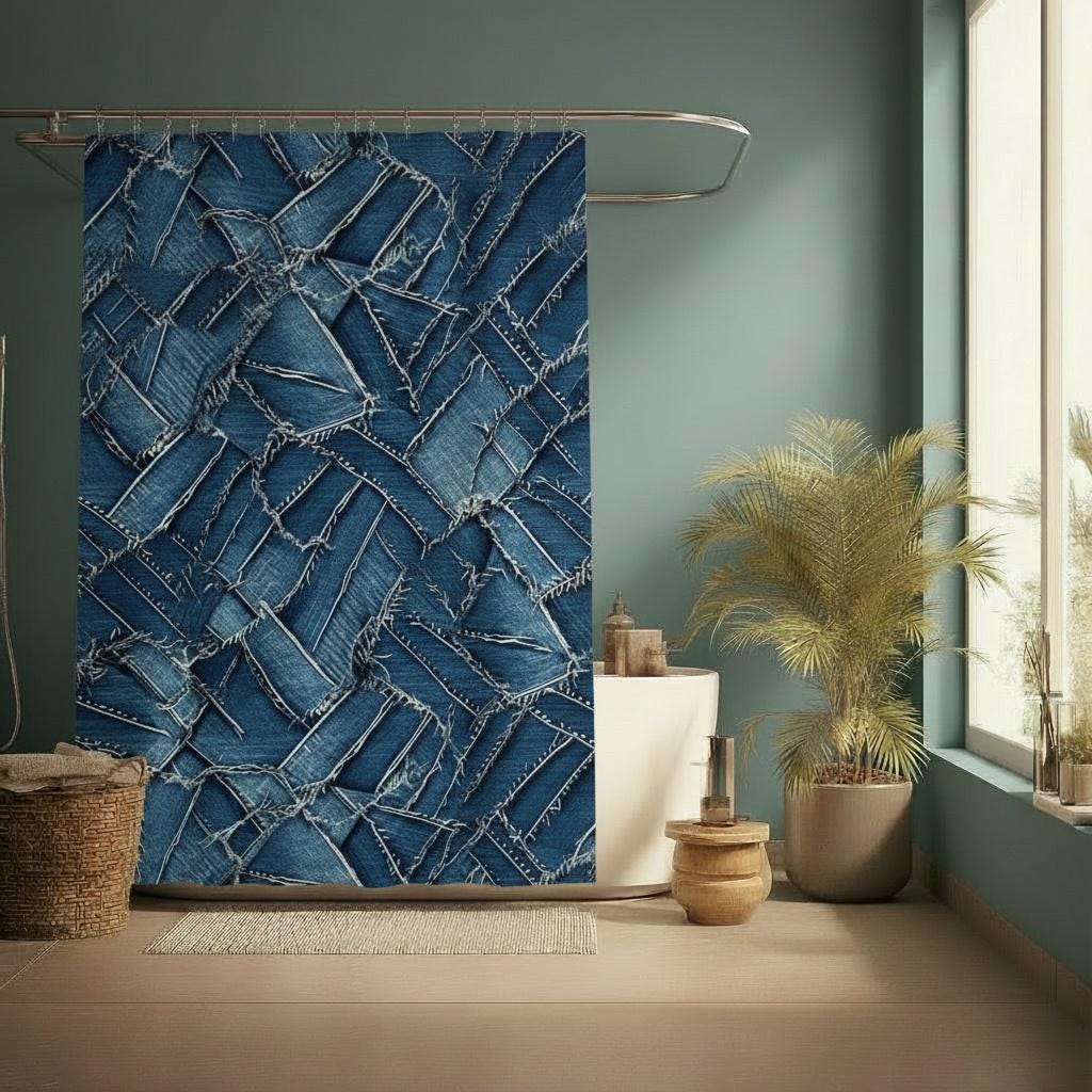 Frayed Denim Patchwork Shower Curtain, Rustic Blue Indigo Fabric Bathroom Decor, Modern Farmhouse Bath Curtain