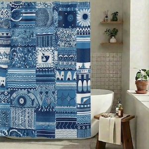 Blue Patchwork Shower Curtain | Coastal Mediterranean Nautical Tiles, Greek Island Folk Art Bathroom