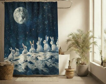 Cortina de ducha con cielo nocturno, decoración de baño con conejito lunar, cortina de baño con conejos celestiales