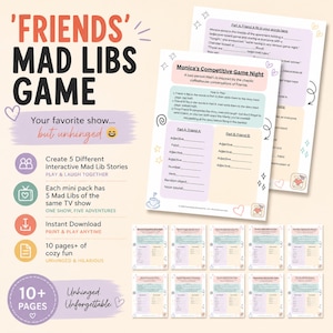 May include: A printable Mad Libs game pack inspired by the TV show Friends. The game includes 10+ pages of interactive stories, with the text "Friends Mad Libs Game" at the top. The pack is an instant download.