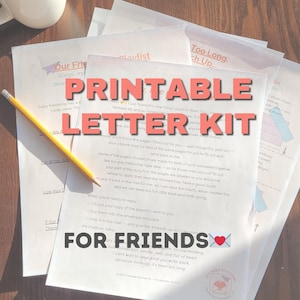 May include: A printable letter kit for friends featuring multiple white paper sheets with printed text and instructions. A yellow pencil rests diagonally across the top page. The text includes headings like Our Friendship Playlist and the title Printable Letter Kit.