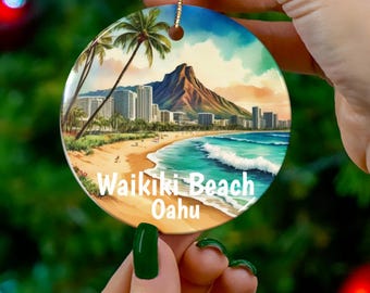 Waikiki Beach Hawaii Customizable Beach Christmas Ornament, Vibrant Colors, Vivid Hawaiian Keepsake