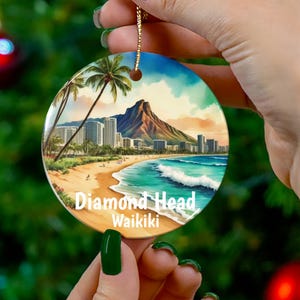 Diamond Head Waikiki Oahu Hawaii Customizable Beach Christmas Ornament, Vibrant Tropical Colors, Vivid Unique Hawaiian Keepsake image 1