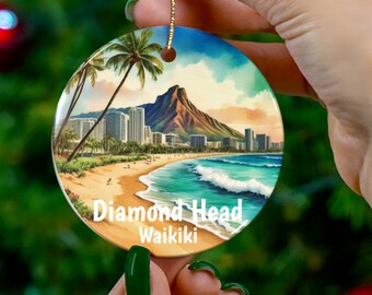 Diamond Head Waikiki Oahu Hawaii Customizable Beach Christmas Ornament, Vibrant Tropical Colors, Vivid Unique Hawaiian Keepsake