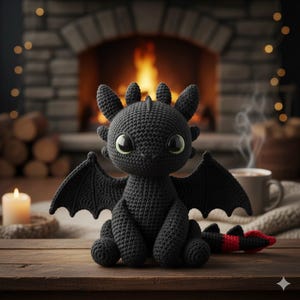 May include: A handmade black crochet dragon doll with large green eyes, wings, and a red and black tail. The dragon is sitting on a wooden surface in front of a fireplace with a lit candle and a cup of coffee.