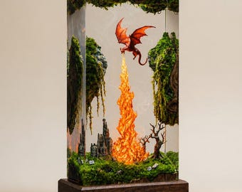 Fire Dragon Resin Epoxy Lamp,Fantasy Dragon Night Light, LED Desk Lamp,Gamer Room Decor, Unique Dragon Gift for Him,Handmade Resin Art Light