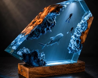 Whale Shark Resin Lamp, Ocean Night Light, Handmade Wood Resin Art, Scuba Diving Decor, Gift for Ocean Lovers