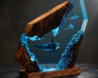 Killer Whale Resin Lamp, Ocean Wildlife Diorama LED Light, Handmade Wood Resin Art, Whale Lover Gift, Gift For Him