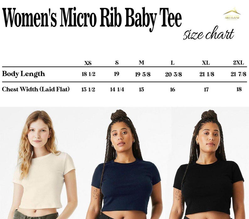 May include: The image displays a size chart for a Women's Micro Rib Baby Tee, with measurements for body length and chest width in inches. Three women model the tee in cream, navy, and black.