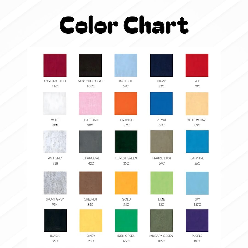 Puede incluir: Una carta de colores con fondo blanco y el t&iacute;tulo "Color Chart" en letras negras en negrita. La tabla muestra una cuadr&iacute;cula de muestras de color, cada una etiquetada con un nombre de color y un c&oacute;digo. Los colores incluyen rojo, azul, verde y m&aacute;s.