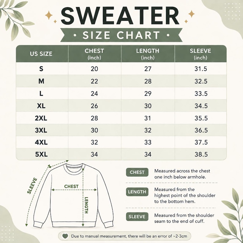 Puede incluir: Tabla de tallas de su&eacute;teres con medidas en cent&iacute;metros. La tabla incluye medidas de pecho, largo y manga para tallas S a 5XL. Diagramas muestran c&oacute;mo medir pecho, largo y manga. El texto "SWEATER SIZE CHART" est&aacute; en la parte superior.