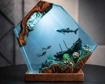 Whale Shark Resin Lamp, Scuba Diving Shipwreck Diorama LED Light, Ocean Adventure Decor, Handmade Wood Resin Art