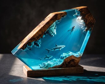Luz nocturna de resina epoxi para buceador, regalo de cumpleaños, luz de madera personalizada hecha a mano, regalos únicos de decoración para el hogar, regalo para ella
