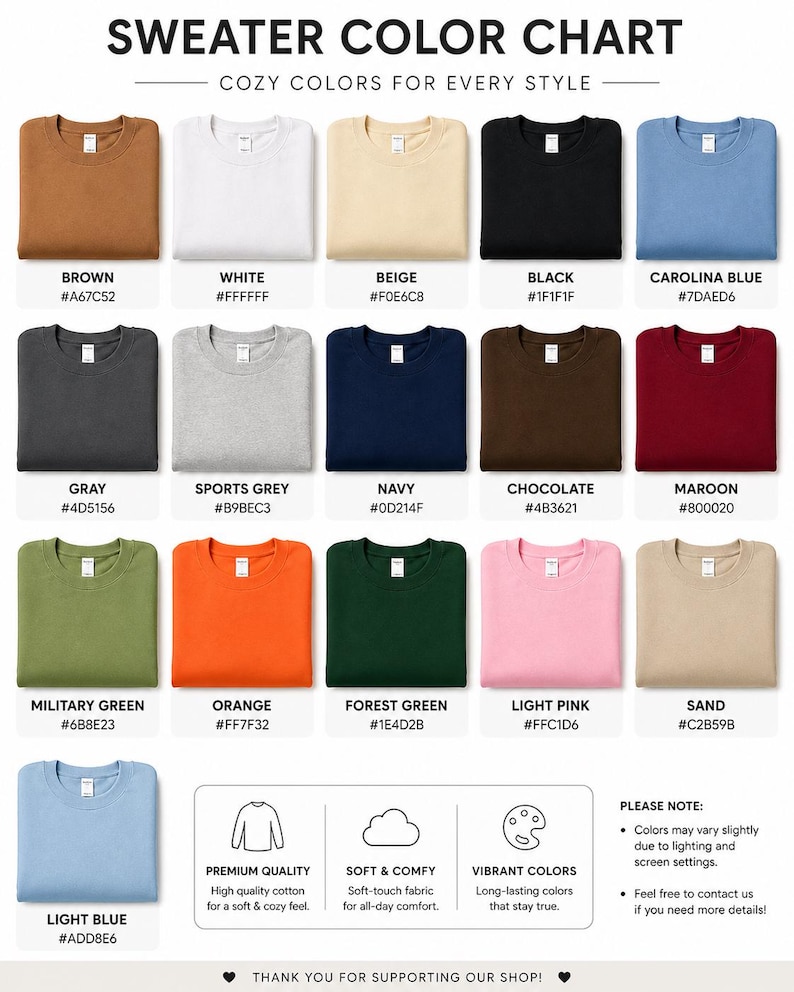 Puede incluir: Una carta de colores que muestra varios colores de su&eacute;teres de cuello redondo, incluyendo marr&oacute;n, blanco, beige, negro y azul Carolina. Otros colores son gris, gris deportivo, azul marino, chocolate, granate, verde militar, naranja, verde bosque, rosa claro, arena y azul claro.