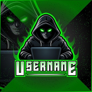 Puede incluir: Ilustración digital de una persona con una sudadera con capucha negra, con ojos verdes brillantes, trabajando en una computadora portátil. La palabra "USERNAME" se muestra en verde en la parte inferior, sobre un fondo verde y negro.