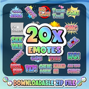 Könnte beinhalten: Eine Sammlung von 20 farbenfrohen digitalen Emotes mit Phrasen wie 1000 AURA, HYPE, NO CAP, THANK YOU, GOAT, I'M SORRY, SEE YA, OMG, LOL, WOW, GO, HI, LOVE THIS, YEP, OKIE DOKIE, KILLED IT und ARE YOU SURE, als herunterladbare ZIP-Datei.