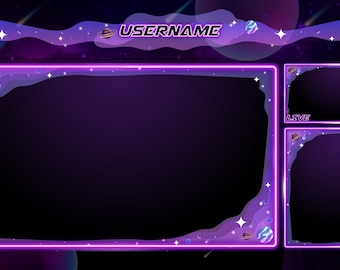 Purple Cosmic Stream Overlay Package, Neon Galaxy Twitch PNG, Starry Webcam Border (Digital Download)