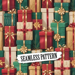 May include: A seamless pattern featuring a dense arrangement of gift boxes in shades of red, green, and cream. Each box is wrapped with a ribbon and topped with a gold bow. The text SEAMLESS PATTERN is printed in black on a white background.