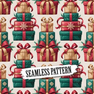Motif sans couture de cadeaux de Noël empilés avec rubans | Téléchargement numérique