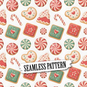 May include: A seamless pattern featuring a repeating design of Christmas cookies, peppermint candies, and candy canes on a white background. The text SEAMLESS PATTERN is printed in black on a white rectangular banner across the center.