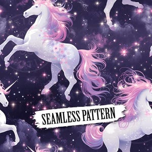 Puede incluir: Patrón sin costuras con unicornios blancos con crines y colas rosas, adornados con detalles florales. Los unicornios se encuentran sobre un fondo morado oscuro con estrellas y nubes. Se muestra el texto "SEAMLESS PATTERN".