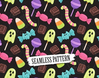 Halloween Candy and Ghost Seamless Pattern PNG | Sublimation Digital Download