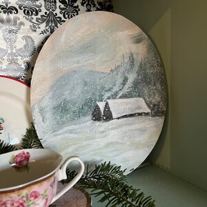 Winter Christmas Cabin Scene original and authentic hand painted Oval Box Frame