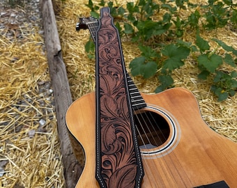 Adjustable Tooled Leather Guitar Strap-Feather Tooling