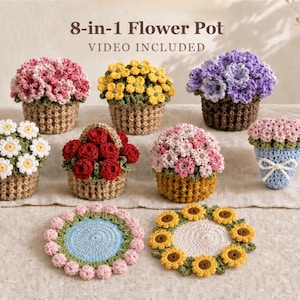 Puede incluir: Una colección de ocho macetas y posavasos circulares de ganchillo con varios diseños florales en rosa, amarillo, morado, rojo y blanco. El texto 8-in-1 Flower Pot VIDEO INCLUDED aparece en la parte superior de la imagen.
