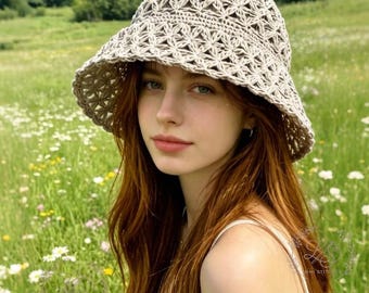 Bucket Hat Crochet Pattern, Crochet Sun Hat Pattern, Summer Beach Hat, Sand Sun Hat Tutorial, Flower Straw Hat, Beginner Pattern, Gift, PDF