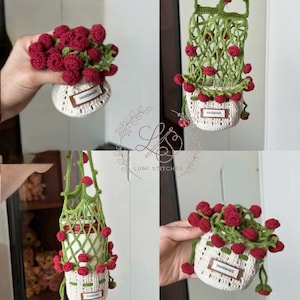 May include: Crocheted flower pot holders in a set of four. Each holder is white with a green net and red flower accents. The holders have a small tag that says "HANDMADE". The overall theme is a handmade craft.