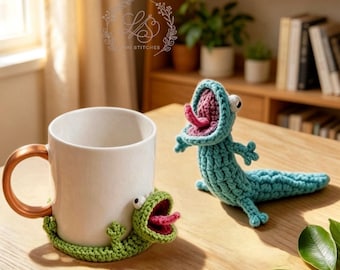 2-in-1 Tom Lizard Crochet Coaster Pattern, Animal Coaster Crochet, Amigurumi Lizard, Pop-Up Cup Holder, Mug Rug, Beginner Easy PDF + Video