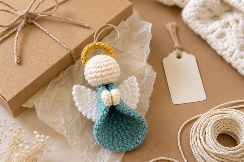 Patrón de ganchillo para adorno de ángel, adorno navideño amigurumi, decoración navideña DIY para árbol, decoración festiva, llavero de ganchillo para principiantes, descarga en PDF imagen 8