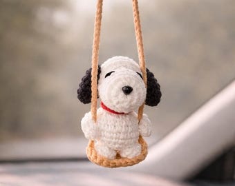 Snoopy Swing Crochet Pattern, Crochet Snoopy Car Hanging Pattern, Amigurumi Plush Dog Mirror Charm, Crochet Dog Keychain, Swinging Puppy Dog