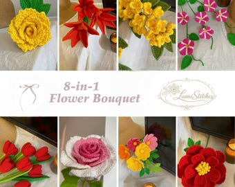8-in-1 Flower Bouquet Crochet Pattern, Crochet Flower Pattern, Peony, Cosmos, Rose, Tulip, Morning Glory, Lily, Wedding Floral, Mother Gift