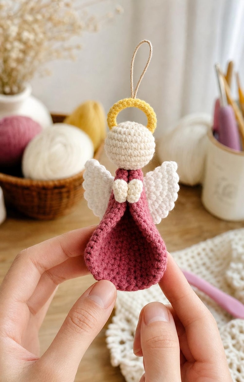 Puede incluir: Un adorno de &aacute;ngel tejido a ganchillo con un vestido rosa empolvado, cabeza color crema, alas blancas y un halo amarillo. La figura incluye un peque&ntilde;o lazo de cuerda beige en la parte superior para colgar, con una construcci&oacute;n de hilo texturizado.
