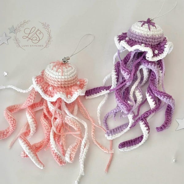 Gehaakt patroon kwallen, sleutelhanger kwal, gevulde zeedier met amigurumi, gehaakte bedel, beginnersvriendelijke tutorial, digitale pdf-download