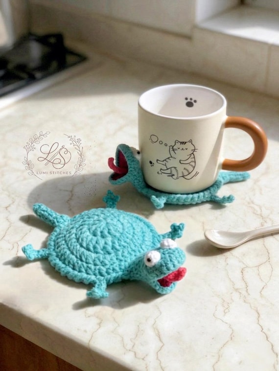 Animal Coaster Crochet Pattern, Tom Lizard Crochet Coaster Pattern, Pop-Up Amigurumi Cup Holder, Mug Rug Tutorial, Beginner Easy PDF + Video