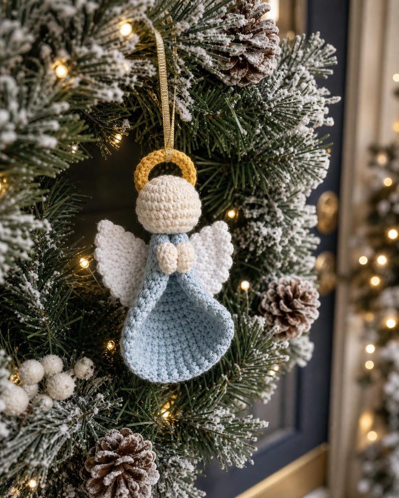 Puede incluir: Un adorno de &aacute;ngel tejido a ganchillo con vestido azul claro, alas blancas, cabeza color crema y halo dorado. La figura tiene peque&ntilde;as manos juntas frente al cuerpo y est&aacute; suspendida por una cinta dorada fina para colgarla.