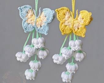 Butterfly Lily of the Valley Crochet Pattern, Car Hanging Crochet, Crochet Keychain, Beginner Easy PDF, Bag Charm, Floral Decor, Gift Idea