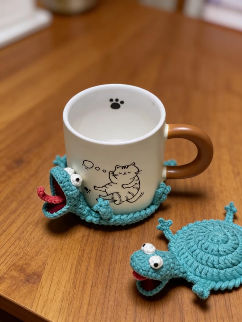 Virkmönster för djurunderlägg, virkmönster för Tom Lizard-underlägg, popup-amigurumi-mugghållare, handledning för muggmatta, enkel PDF + video för nybörjare bild 3