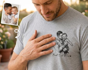 Comfort Color Custom Dad Photo T-Shirt,Best Dad Ever Shirt,Personalized Father Child Line Art Shirt,Gift for Dad from Kids,Father’s Day Gift