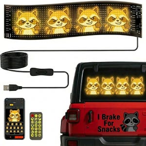 May include: A black LED light strip with four cartoon raccoons giving the middle finger. The light strip is connected to a USB cable, a remote control, and a smartphone displaying a raccoon graphic. The image also shows a red car with a raccoon graphic and the text "I Brake For Snacks."
